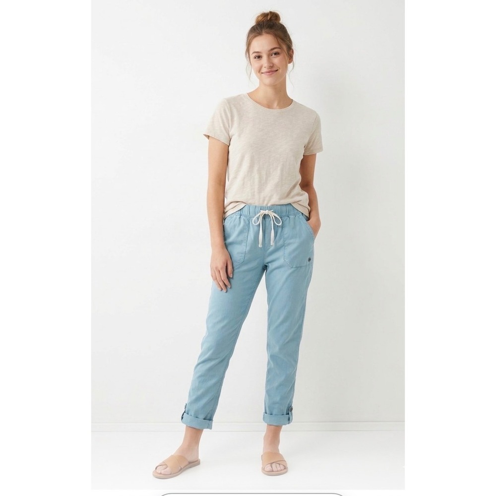 Roxy Ocean Side Linen Blend Drawstring Pants Teal Blue Small